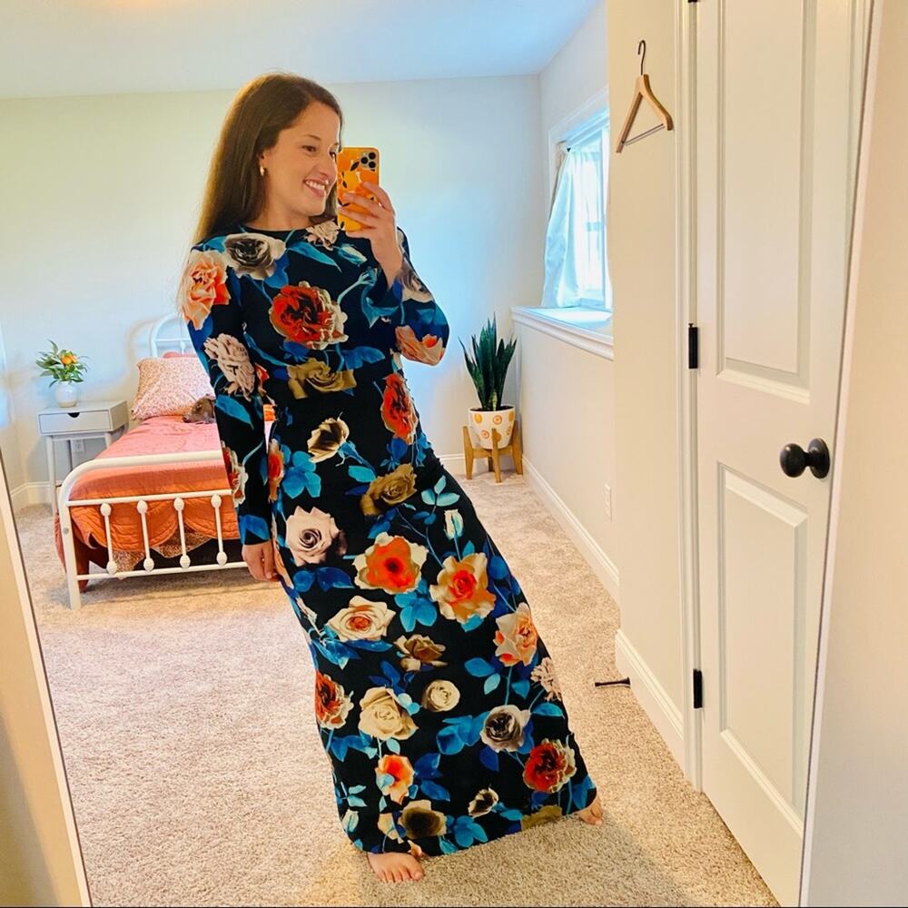 MSGM Milano Blue Red Black Rose Floral Long Sleeve Maxi Gown Dress XS - Picture 2 of 16